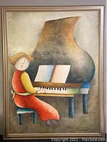 Oil painting on canvas by Joyce Roybal featuring a stylized figure playing piano.