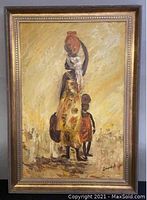 Framed acrylic painting showing a woman and child in textured warm tones, signed DAWNE.