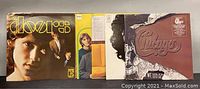 Photo shows a row of vintage vinyl record album covers and records including The Doors, Chicago, and others, arranged side-by-side to show cover art.