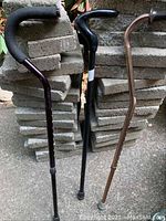 Front view of three canes leaning against stacked stone blocks outdoors. Canes show different handle styles and finishes.