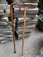 Full view of two wooden canes standing upright against stacked bricks outdoors, showing height and overall shape.