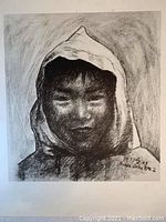 Full view of signed reproduction charcoal print of "Inuit Boy" by Gabriel Gely, dated 1963 from Baker Lake, NWT.