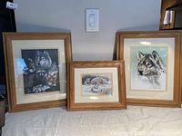 Full view of three framed wolf prints on a table with light switch on wall behind