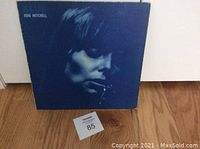 Front cover of the Joni Mitchell Blue album showing the monochromatic portrait of Joni Mitchell in blue tones.