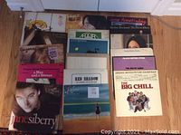 Photo showing 17 vinyl LP albums stacked and fanned out for visible titles and cover art.