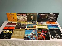 Overview of 15 jazz vinyl LP records arranged on table