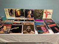 Overview of approximately 17 LPs with visible covers by Billie Holiday, Pearl Bailey, Ella Fitzgerald, plus others laid on a white surface.