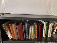 Books on a shelf showing various titles and colors of hardcover books.