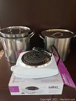 Three large stainless steel stock pots, two lids, and one Salton portable electric burner on original box.
