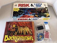 Risk & Castle Risk and Backgammon boxed games with playing cards