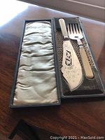 Fish serving set consisting of knife and fork with celluloid handles and ornate silver-plated blades in original fitted case.