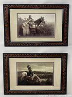 Two framed sepia Native American prints on a white surface