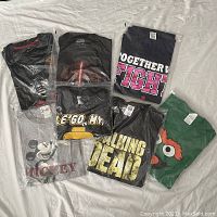7 assorted used graphic T-shirts in various colors and packaging, laid on white surface