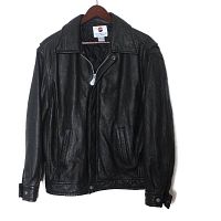 Front view of the men's black leather jacket by Pepsi, showing zipper, pockets, collar, and cuffs.