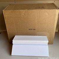 Closed large cardboard shipping box with stack of 3 white tie boxes in front