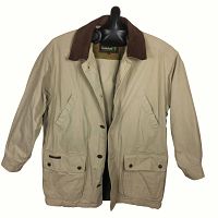 Front view of beige Timberland jacket with brown collar, showing long sleeves and pockets.