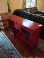 Sideboard front and top angle with left door and drawers open