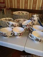 Full set including stacked dinner plates, bread plates, and saucers with cups arranged in front, all featuring Johnson Brothers Harvest Time fruit pattern.