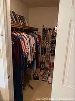 View into walk-in closet showing hanging women's clothes on the left and many pairs of shoes on a rack on the back wall along with boxes of shoes on the floor.