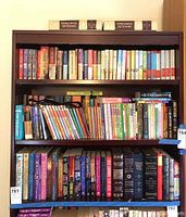 Three shelves of assorted books, including fiction, classics, and reference, shown on a dark wood bookcase with World Book Dictionary volumes on the top shelf.