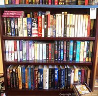 Three shelves filled with classic and fiction books in various hardcover and paperback editions, arranged neatly on a wooden shelving unit.