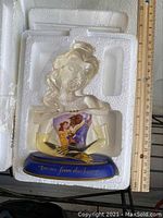 Bradford Exchange Disney Princess Belle figurine bust in protective styrofoam with ruler for scale, showing base inscription 'Dream from the Heart' and image of Belle and the Beast.