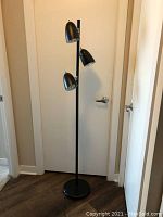 Full view of the black metal floor lamp with three dome-shaped adjustable lamp heads.