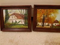 Two paintings of Chopin's home side by side on beige textured surface, showing different seasonal settings.