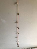 Full view of the string of nine small metal bells hung vertically against a wall.