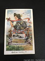 Front of antique German postcard showing colorful illustration of a girl in traditional dress with horn, greeting from Tierlohn.