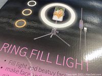 Box packaging for ring fill light set showing ring light sizes and intended use for beauty face lighting.