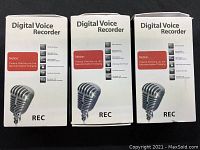 Three boxed digital voice recorders shown with front of boxes visible.
