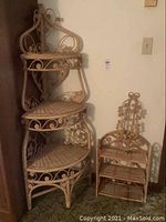 Three-tier corner shelving unit and a smaller wicker shelving unit side by side showing the design and size.