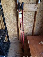 Pair of red Pür Athletics walking sticks leaning against a plywood wall on wooden floor
