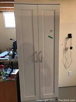 Full front view of a tall white cupboard with two paneled doors and metal handles.