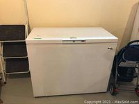 Full frontal view of the white Wood's Custom chest freezer with lid closed, shown next to a small step ladder and a dolly.