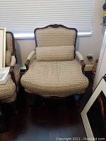 Front view of the Bergere armchair showing upholstery and wooden arms.