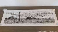 Full view of the wide panoramic black and white woodblock print showing landscape with buildings and telephone poles.