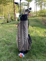 Golf bag holding multiple right-handed Donnay golf clubs displayed outdoors on grass with trees in background, golf balls placed beside bag.
