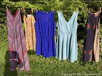 Five ladies dresses hanging on a clothesline outside, displayed in natural light with greenery in the background.