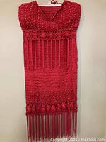 Red beaded ladies skirt and top hanging on a hanger against a wall, showing intricate bead details and fringe at skirt hem.