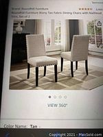 Online product listing showing tan fabric dining chairs with nailhead trim by Roundhill Furniture, set of 2.