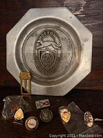 Image shows an octagonal metal collectors plate embossed with a dog and floral emblem labeled 'Devon Dog Show Association'. Surrounding the plate are various dog show pins including a gold rectangular pin and others in packaging.