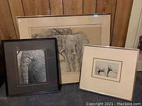Photo showing three framed pieces of elephant art arranged against wooden panel wall. Includes a large signed sketch, close-up photograph, and small elephant pair sketch.