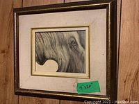 Framed artwork showing elephant eye close-up, matting, and frame with noted wear.