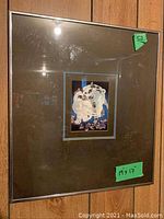 Framed elephant artwork behind glass with reflective smudges and approximate size labels