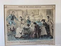 Close-up of the wood engraved and hand colored newspaper comic showing the detailed Victorian scene and text date January 12, 1856.