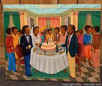 Front view of the colorful canvas painting showing a social event with a cake on a round table surrounded by people in an interior room.