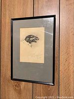 Framed charcoal drawing of Borzoi dog head mounted on wood panel for reference, showing frame and matting condition.