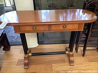 Full view of entryway table showing top surface, drawers, legs and stretcher